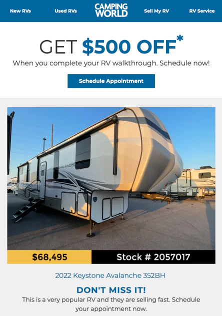 Image promoting $500 off when scheduling an RV walkthrough for a Keystone Avalanche 352BH Image promoting $500 off when scheduling an RV walkthrough for a Keystone Avalanche 352BH