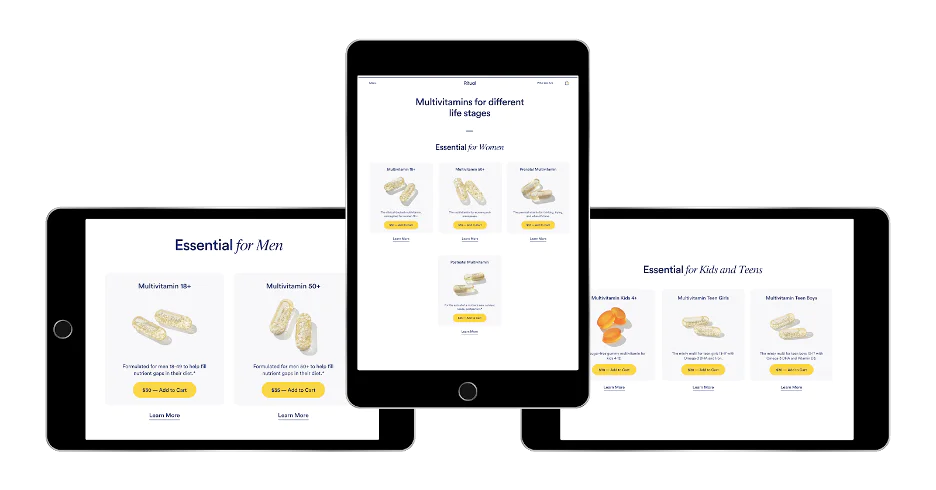Display of Multivitamins for Different Life Stages on Tablets Three tablets displaying multivitamins for men, women, kids, and teens.