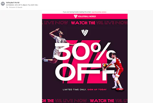 Volleyball World 30% Off Promo Volleyball players with 30% Off text and Watch the VNL Live Now on a promotional poster.
